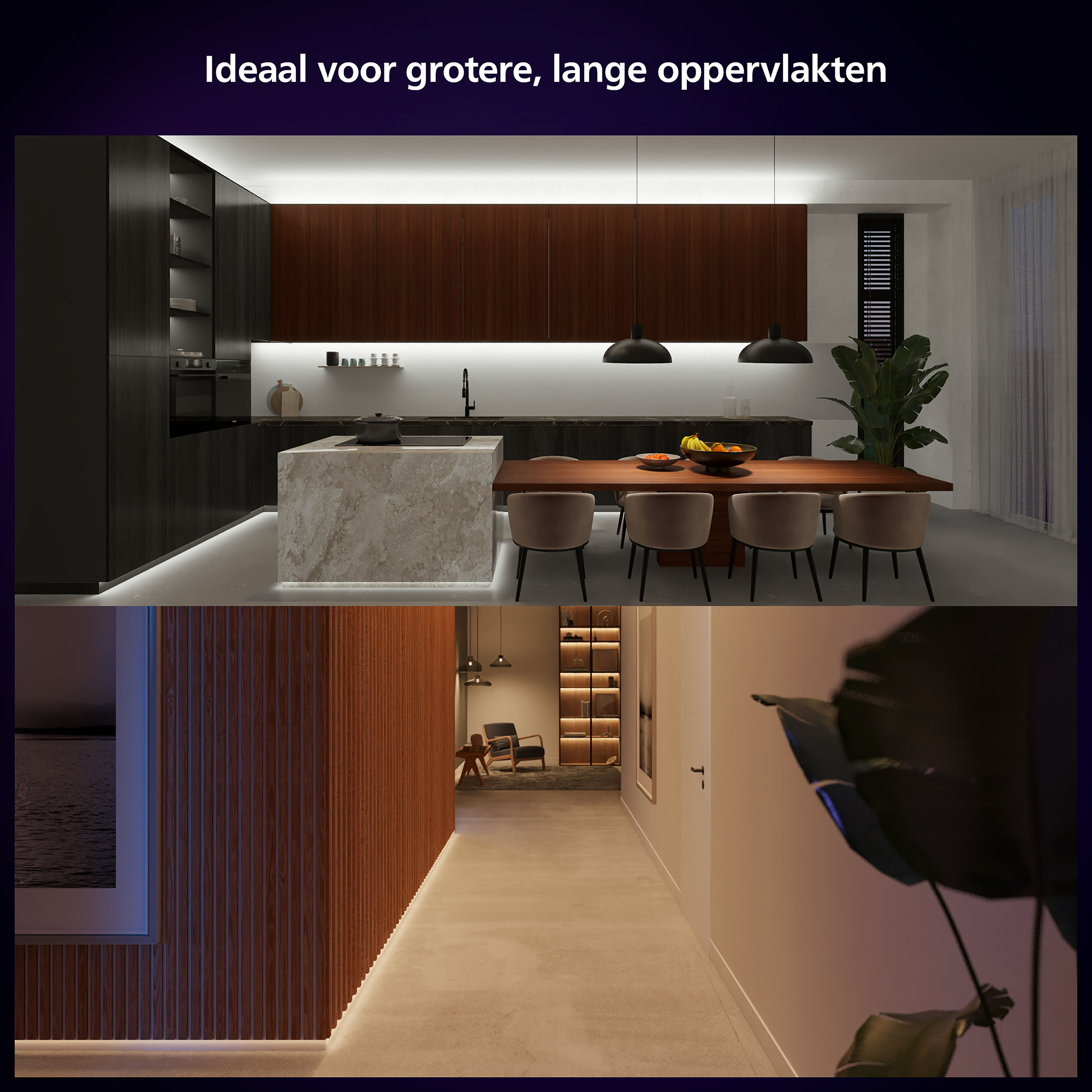 Keuken en hal met LED-strips, modern design en warme verlichting.