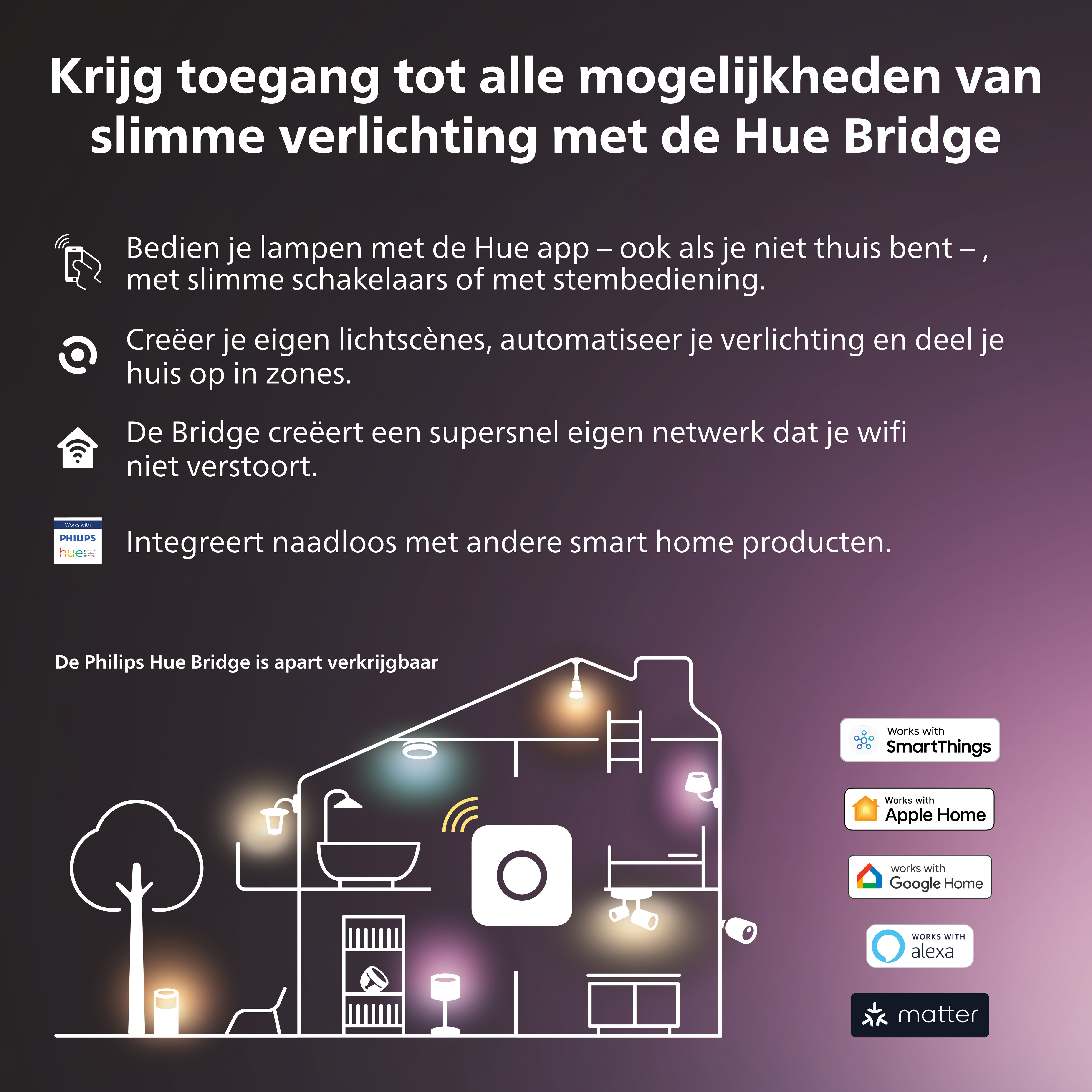 Diagram van een huis met slimme verlichtingsfuncties, ter promotie van de Hue Bridge.