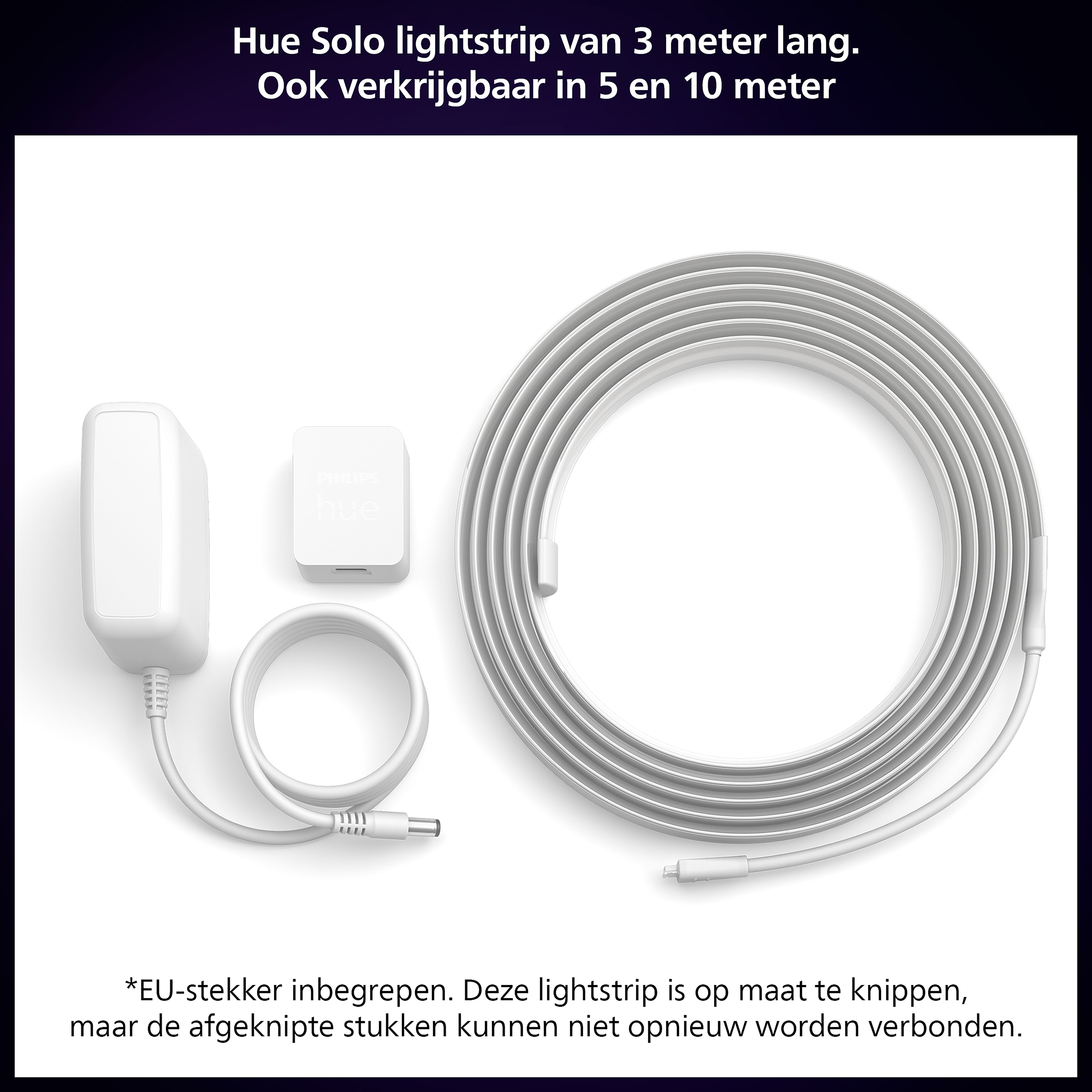 Witte Hue Solo lichtstrip componenten: adapter, controller, lichtstrip en voeding.