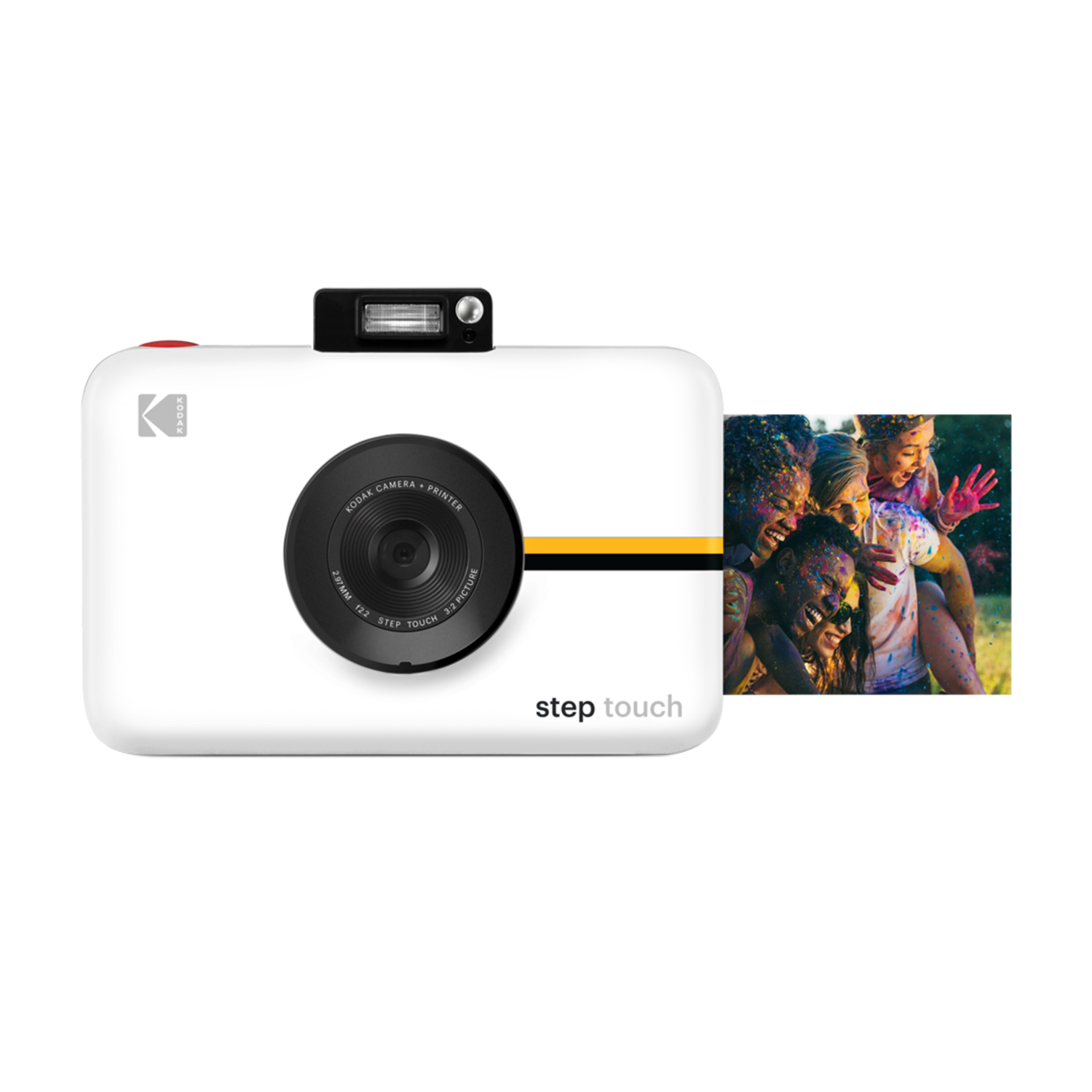 Una fotocamera bianca KODAK Step Touch con una stampa di persone felici.