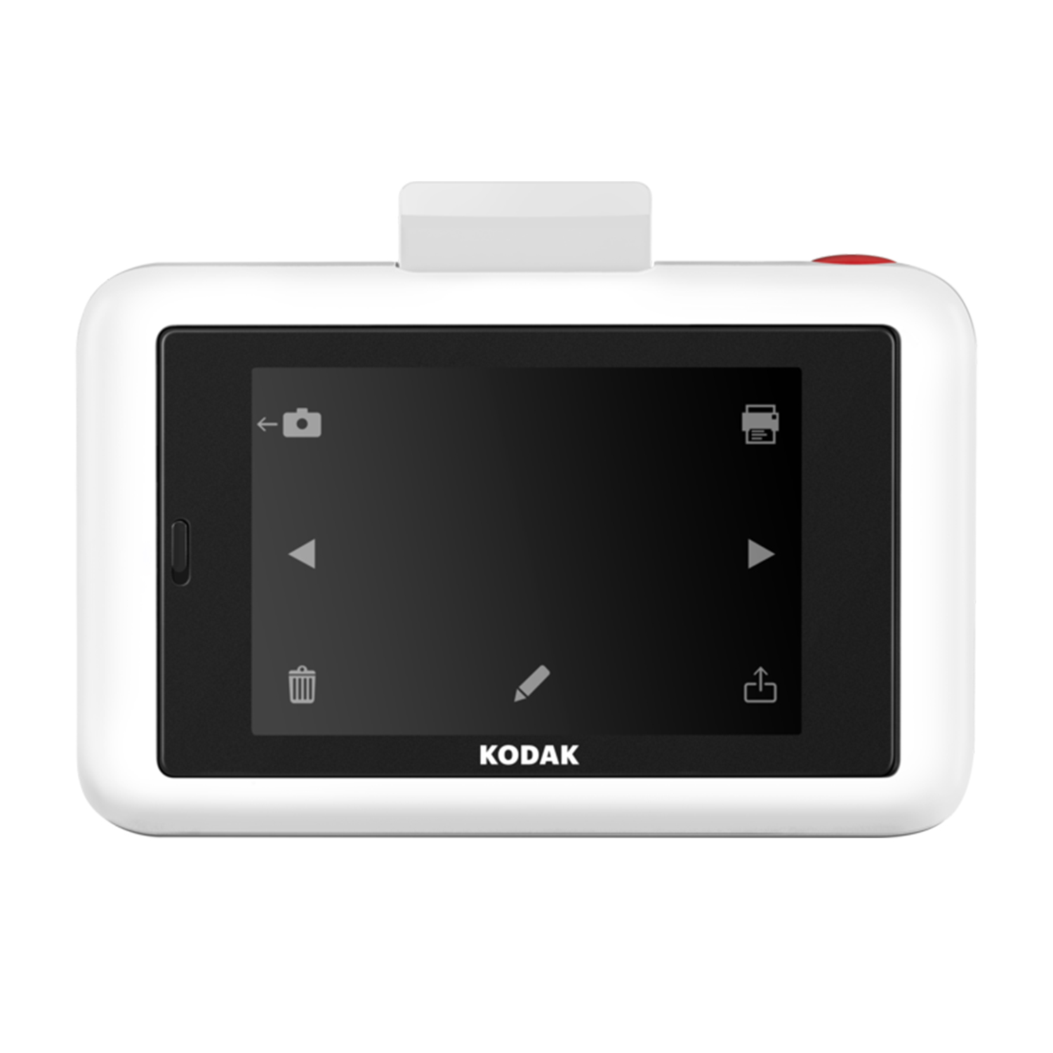 Fotocamera digitale Kodak bianca con schermo nero, frecce e icone.
