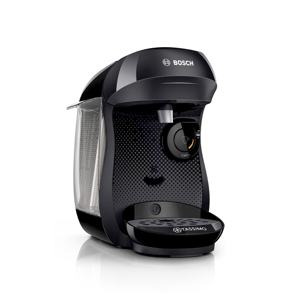 Schwarze Kaffeemaschine von Bosch, mit transparentem Wassertank, auf weißem Hintergrund.