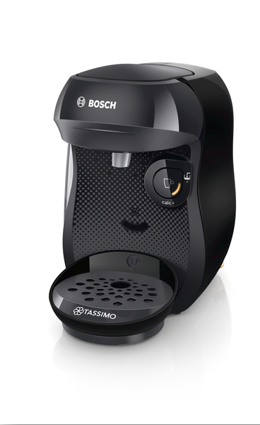 Schwarze Tassimo Kaffeemaschine auf weißem Hintergrund. Bosch-Logo oben.