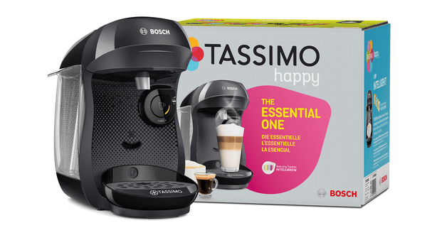 Eine schwarze Kaffeemaschine mit einer Box. Die Box zeigt die Maschine und eine Tasse Kaffee.