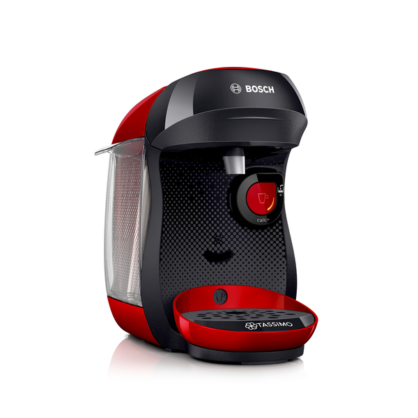 Eine rot-schwarze Tassimo Kaffeemaschine auf weißem Untergrund. Das Bosch-Logo ist sichtbar.