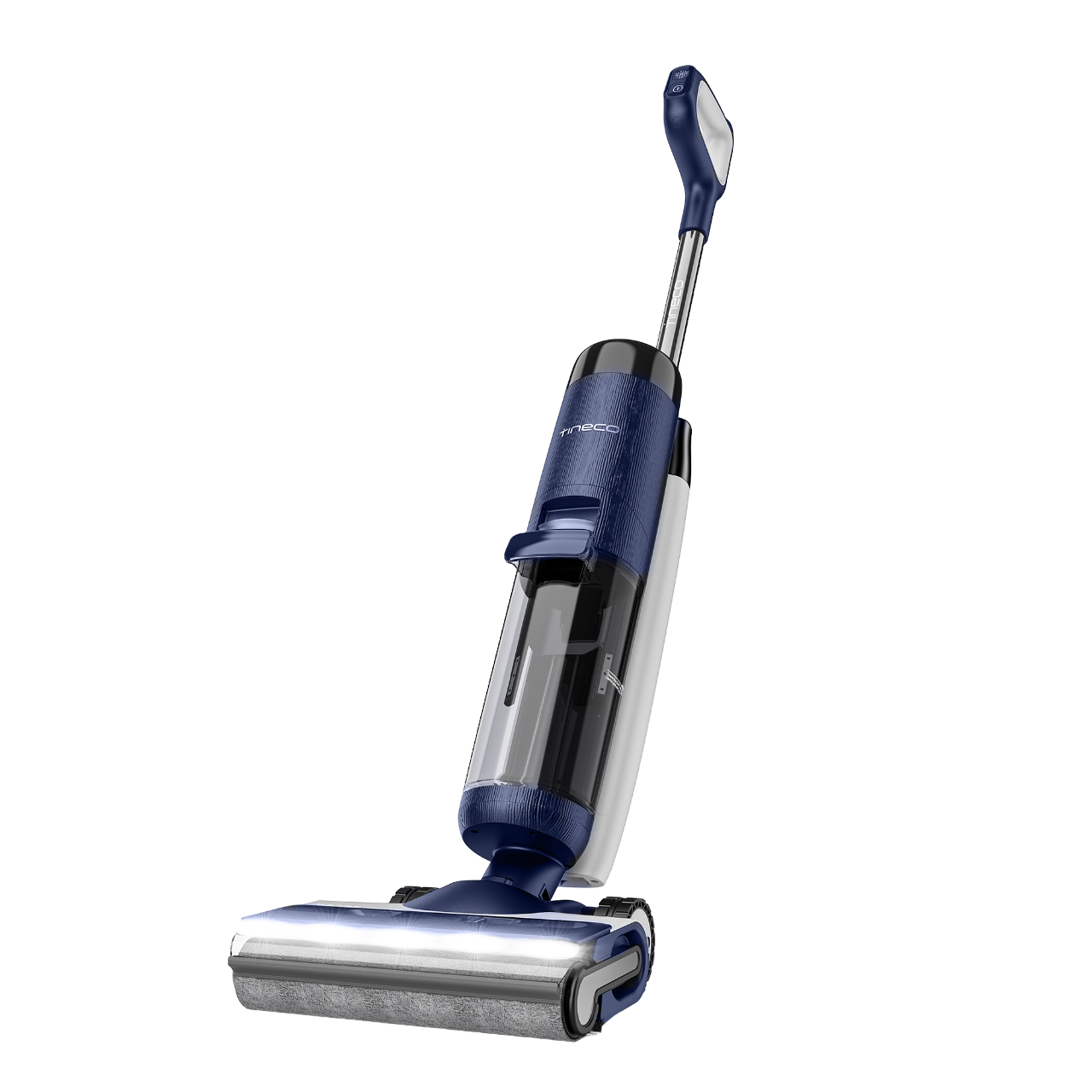 Ein blau-weißer kabelloser Nass- und Trockensauger.