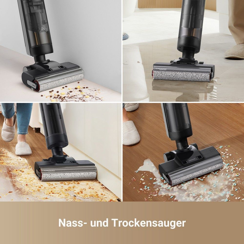 Staubsauger reinigt Boden mit Schmutz. Vier Ansichten zeigen Aktionen und Oberflächen.