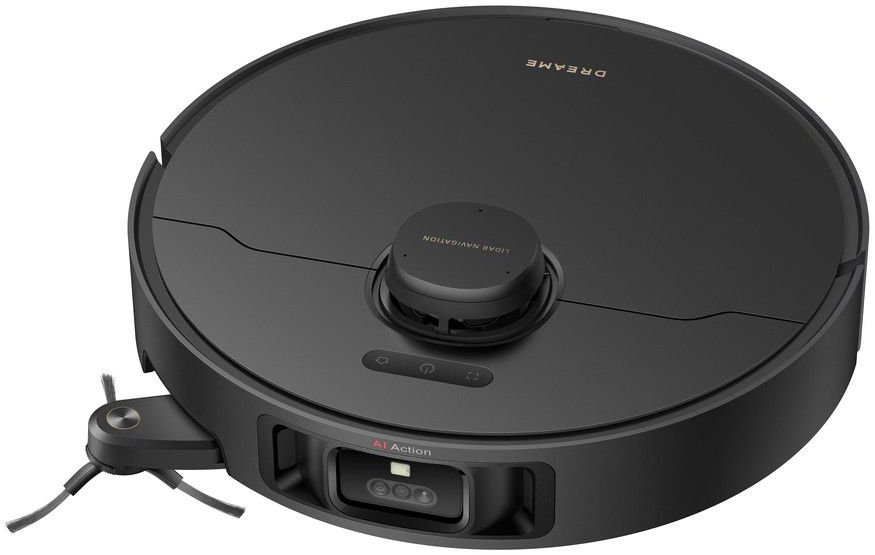 Schwarzer Roboter-Staubsauger mit runder Form. Er hat einen Navigationssensor oben.