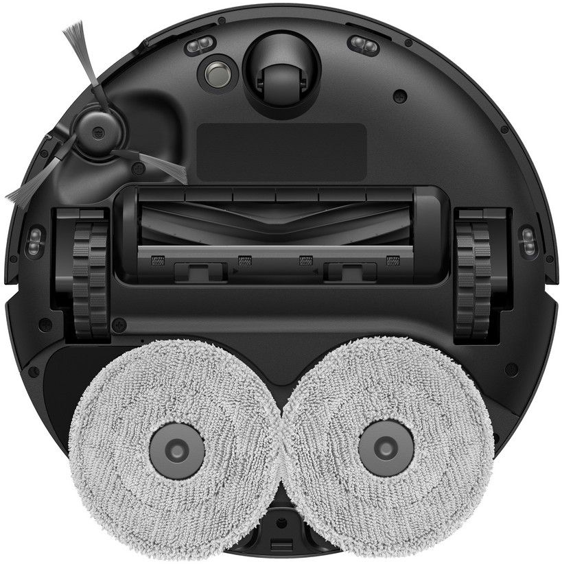 Unterseite eines schwarzen Roboter-Staubsaugers mit zwei runden Wischmopps und Bürsten.