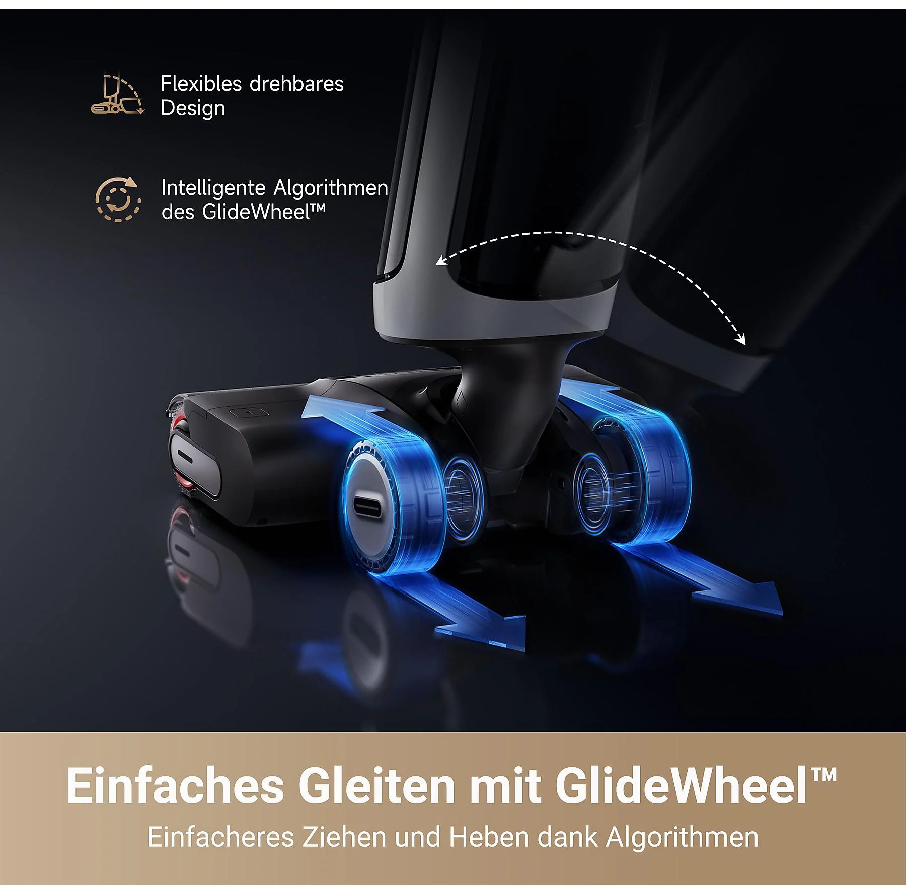 Vakuumaufsatz mit blauen Pfeilen, die die GlideWheel-Technologie und Text anzeigen.