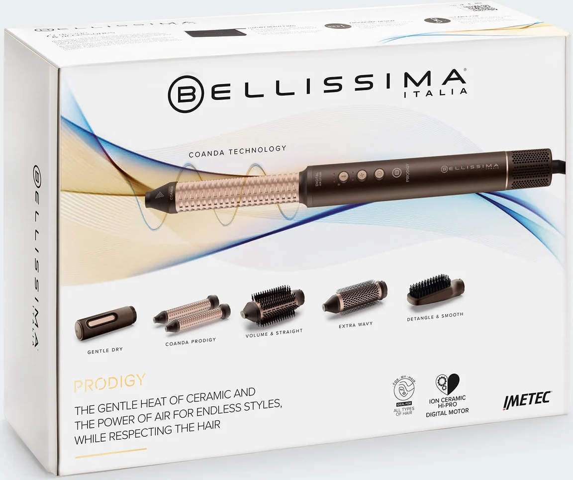 Una scatola bianca con uno strumento per lo styling dei capelli e accessori, etichettata Bellissima, con testo e loghi.