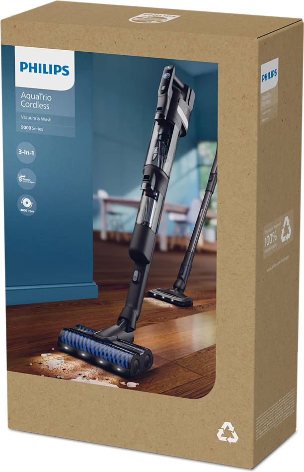 Aspirapolvere Philips AquaTrio Cordless in scatola. La scatola mostra l'aspirapolvere e gli accessori.