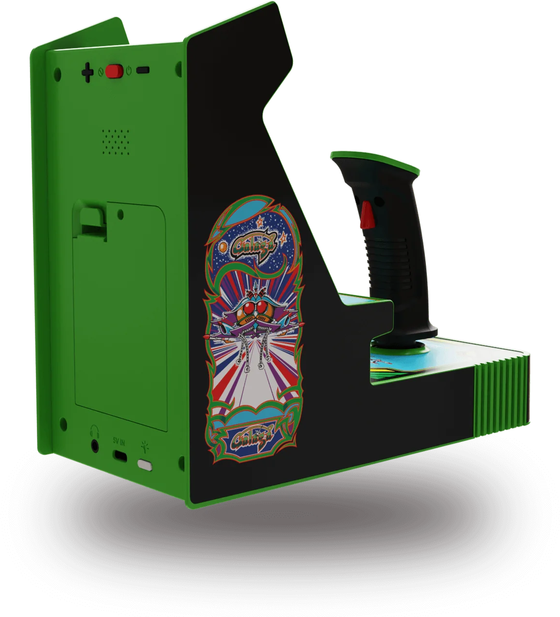 Zöld retro arcade gép joystickkal és játék grafikával.