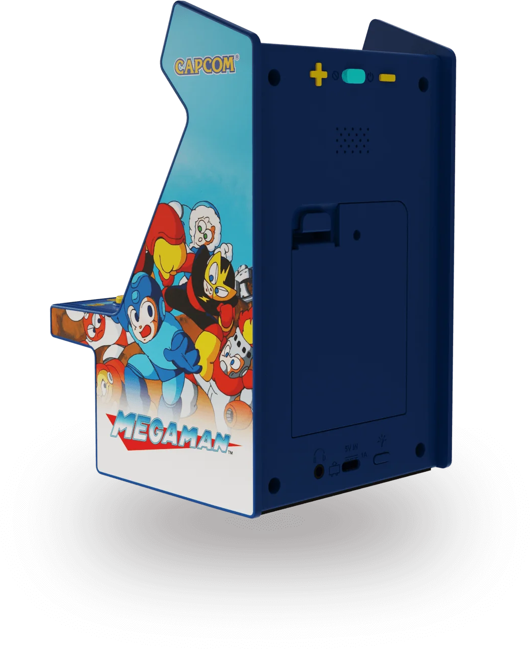 Egy kék Capcom Mega Man játékautomata, hátul- és oldalnézetben, grafikával.