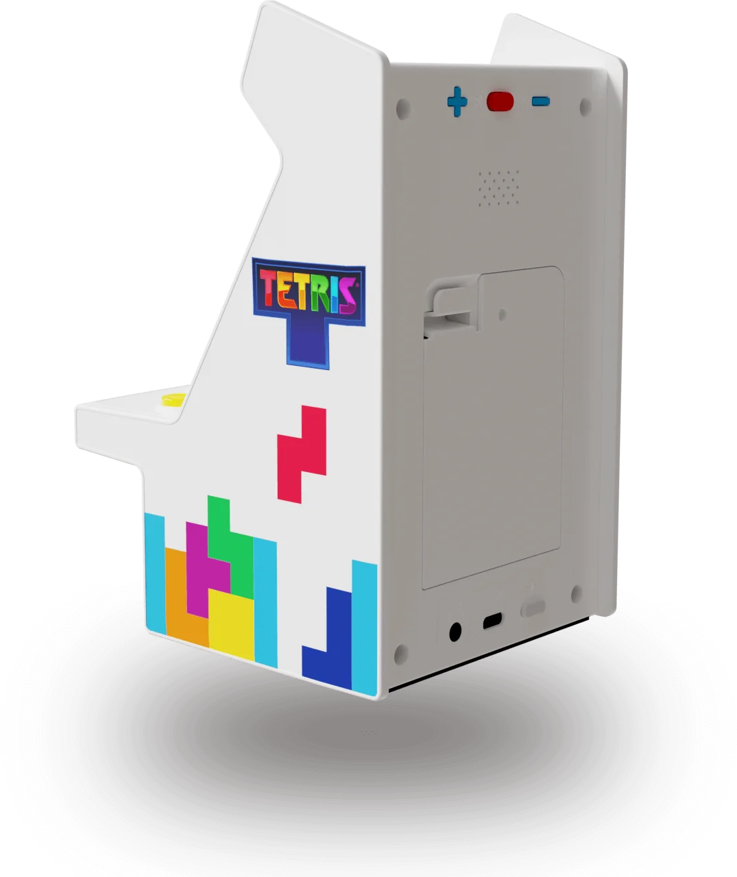 Egy fehér Tetris arcade játék színes blokkokkal az oldalán és a Tetris logóval.
