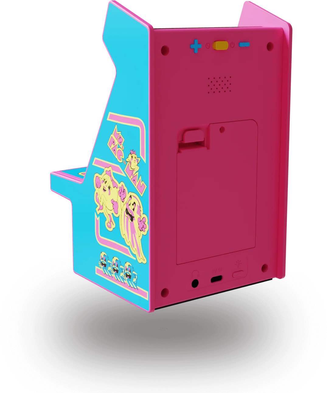 Rózsaszín és kék retro arcade játék Pac-Man grafikával. Fekete háttér.