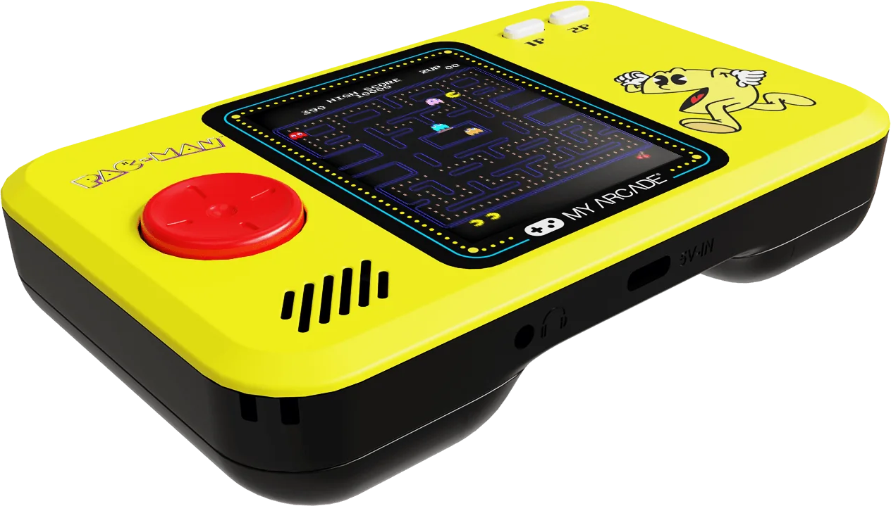 Sárga kézi Pac-Man játékkonzol. Piros gomb. Játékképernyő. Fekete-fehér háttér.
