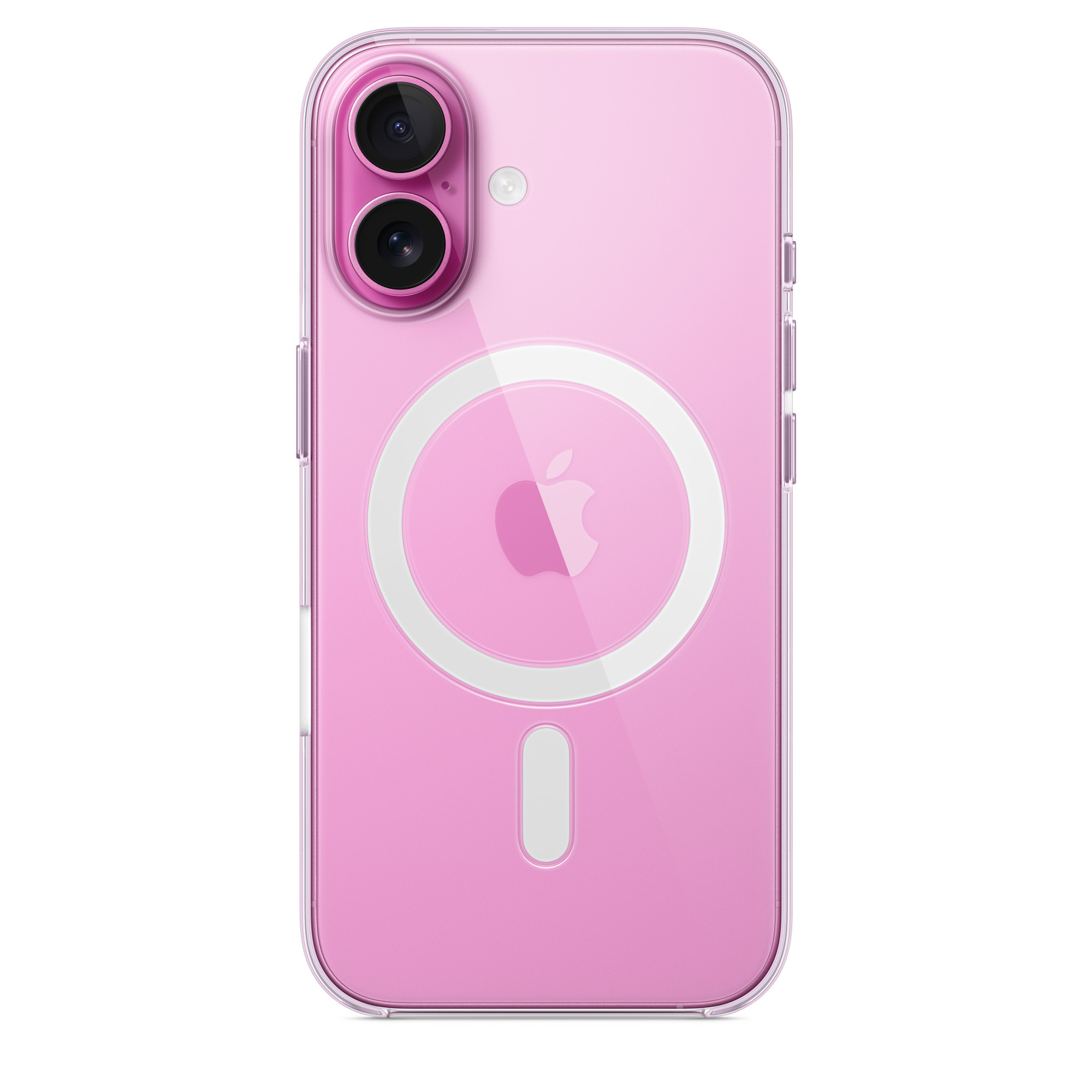 Pembe iPhone kılıfı, MagSafe çemberi ve Apple logosu ile, şeffaf arka.