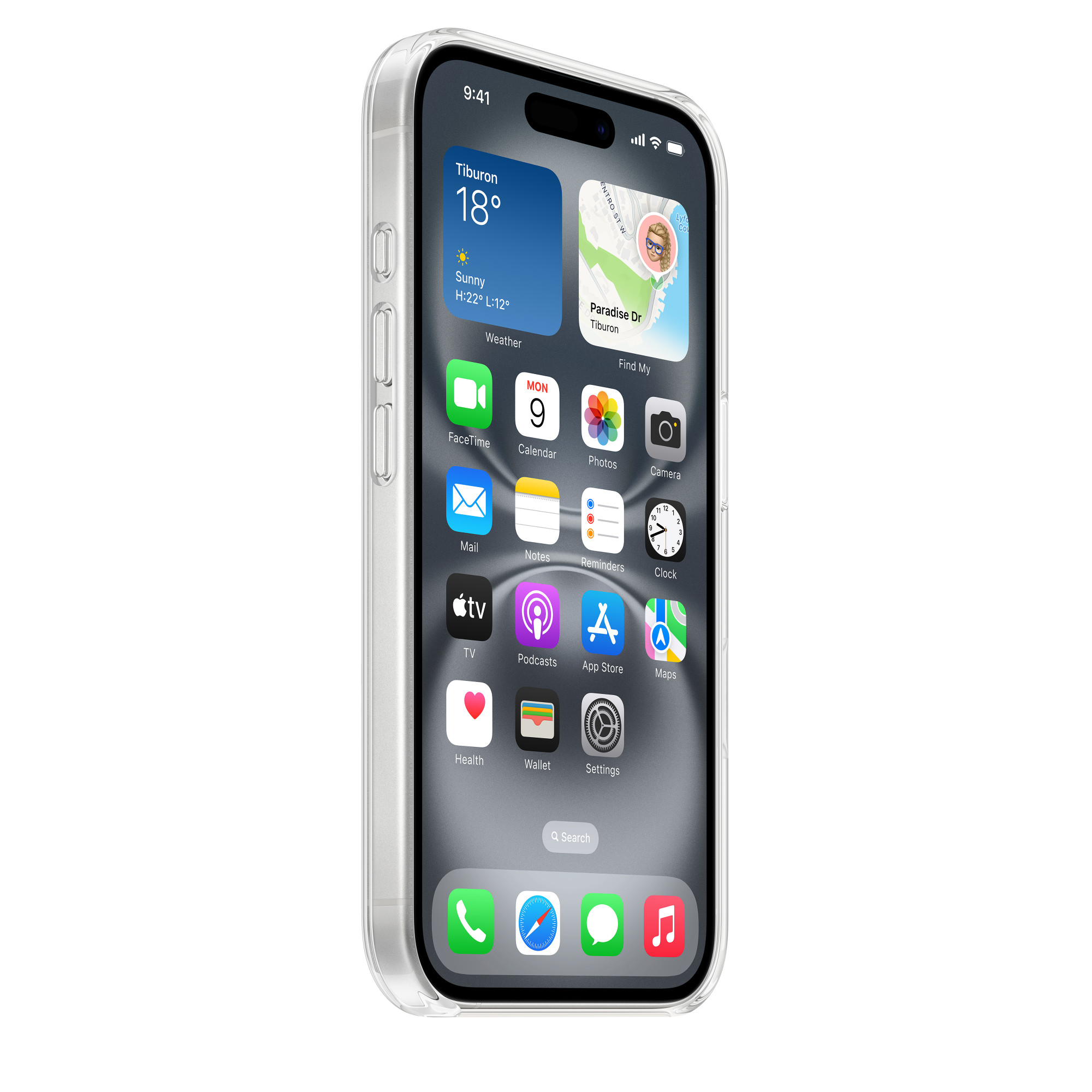 Şeffaf kılıflı iPhone. Hava durumu widget'ı güneşli 18°C, 9:41 gösteriyor. Beyaz zemin.
