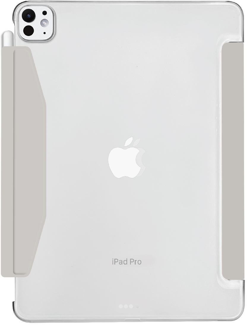 Rückseite eines iPad Pro in einer transparenten Hülle mit Stifthalter und Apple-Logo.