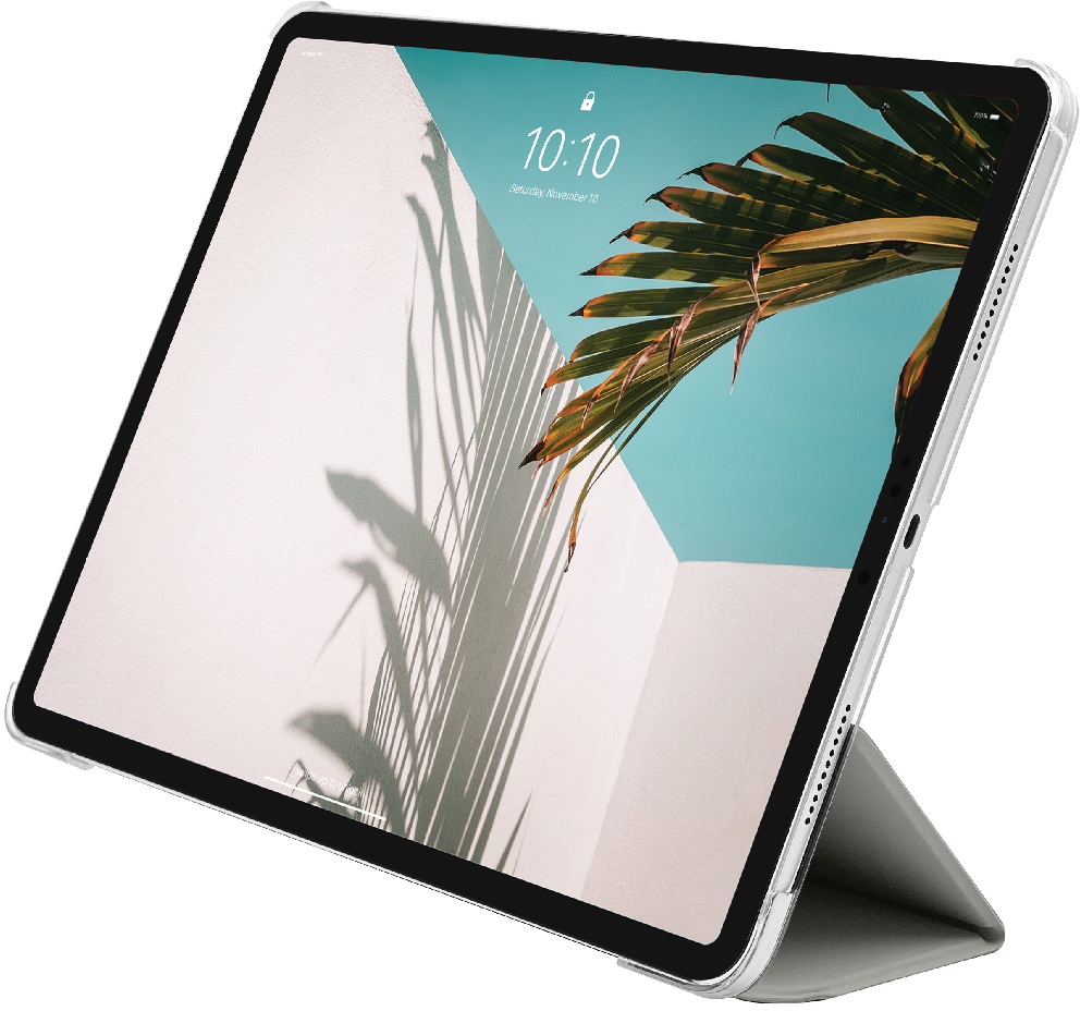 Tablet mit Bildschirm, der ein Palmenbild zeigt. Die Hülle steht auf einem Ständer. Zeigt Zeit und Datum.