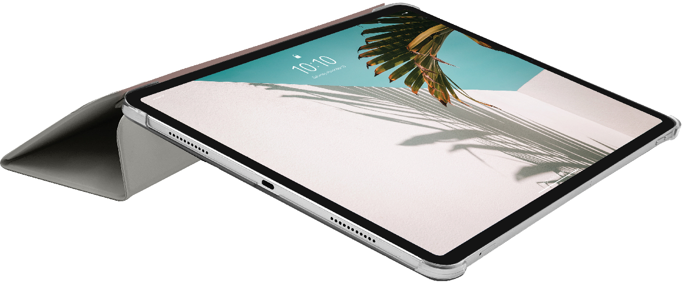 Ein Tablet mit geöffneter Hülle, das den Bildschirm mit einem Naturbild zeigt.