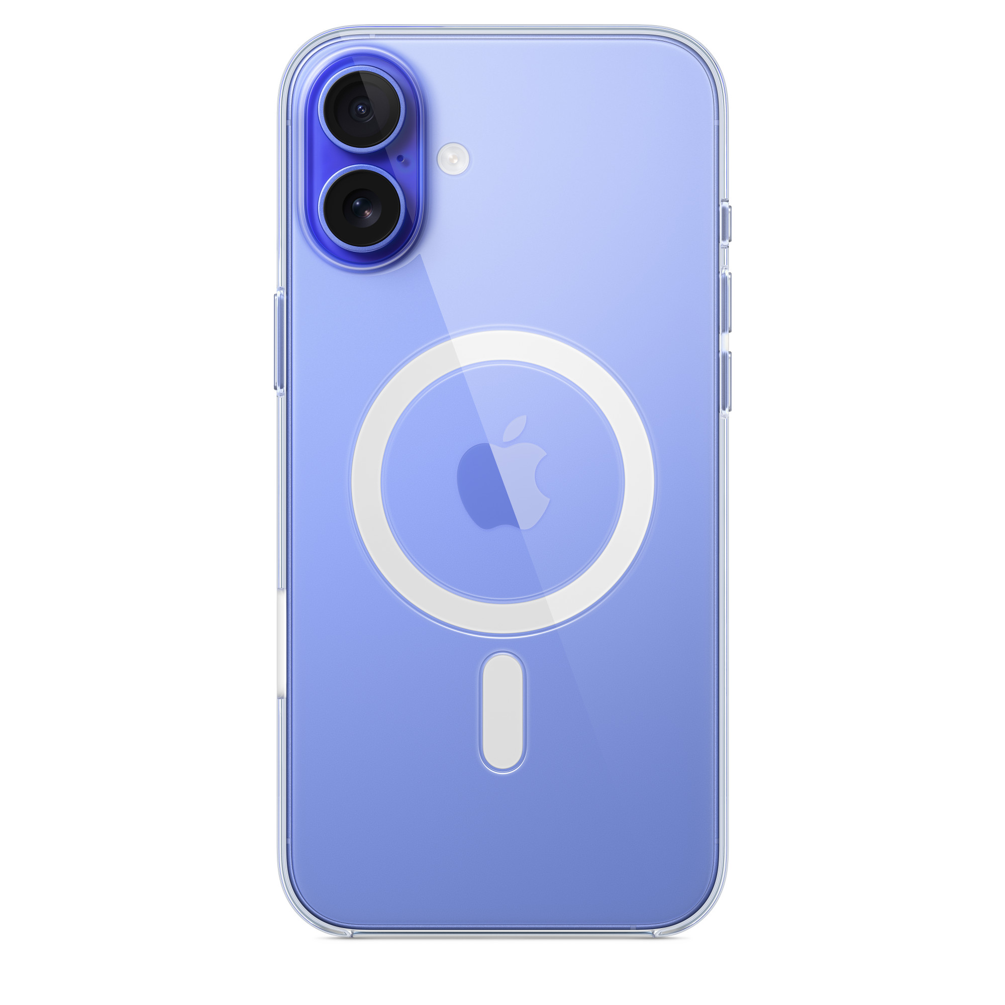 İçinde mavi telefon bulunan şeffaf iPhone kılıfı, manyetik bir halka sergiliyor.