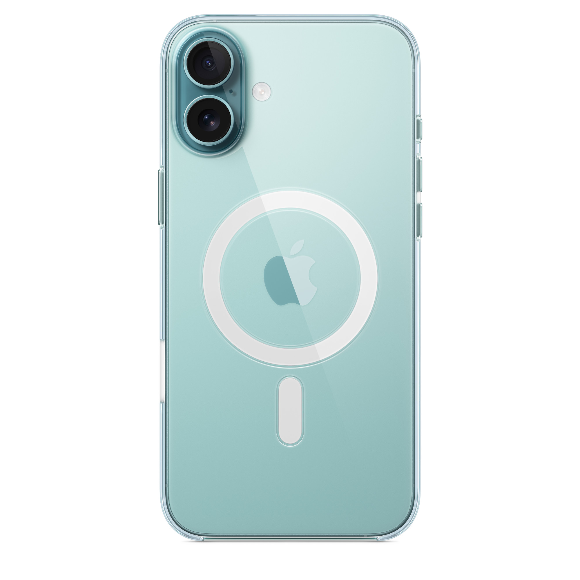 Arkada Apple logosu bulunan şeffaf bir iPhone kılıfı. İçindeki telefon açık mavidir.