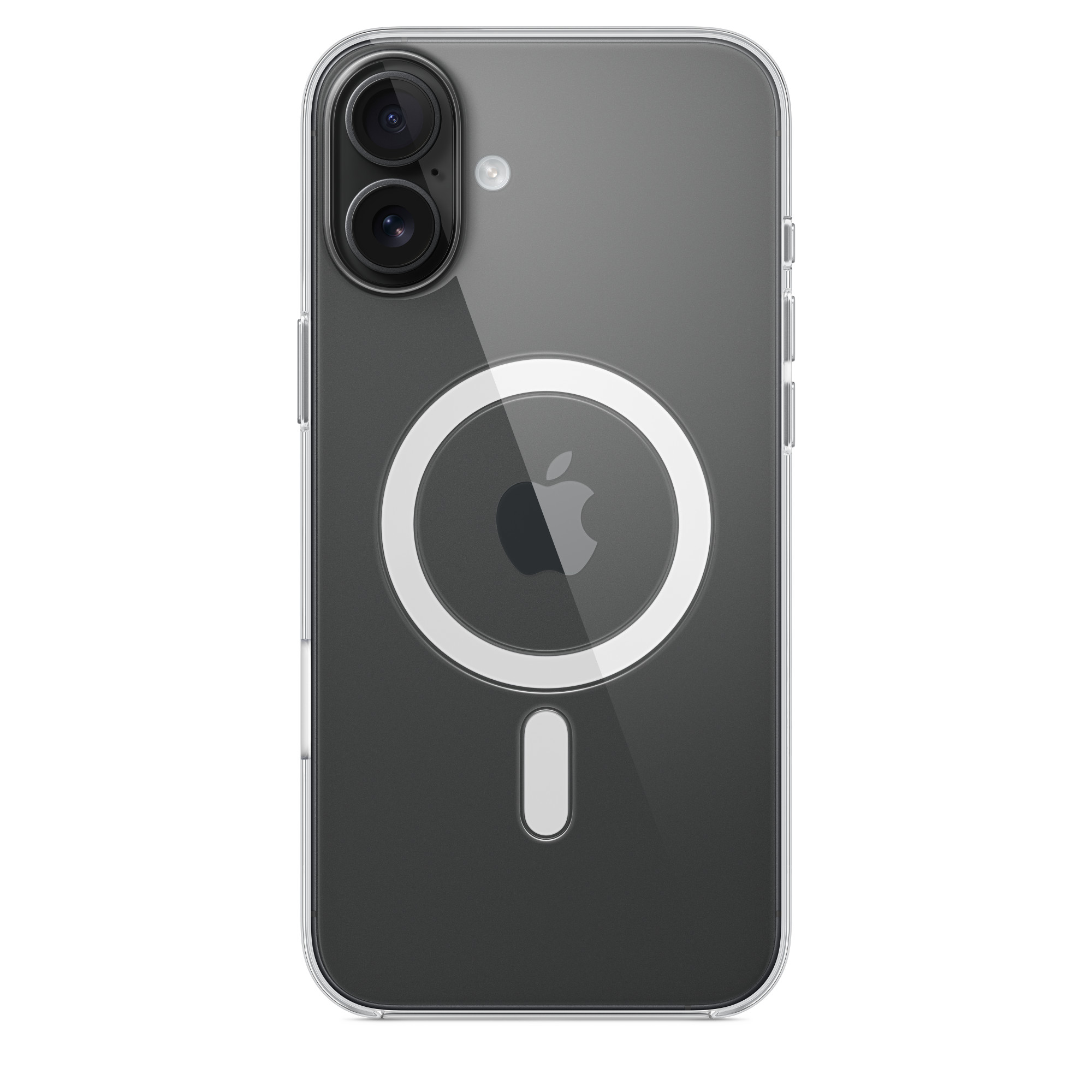 Apple logosu olan şeffaf telefon kılıfı. İçinde siyah telefon.