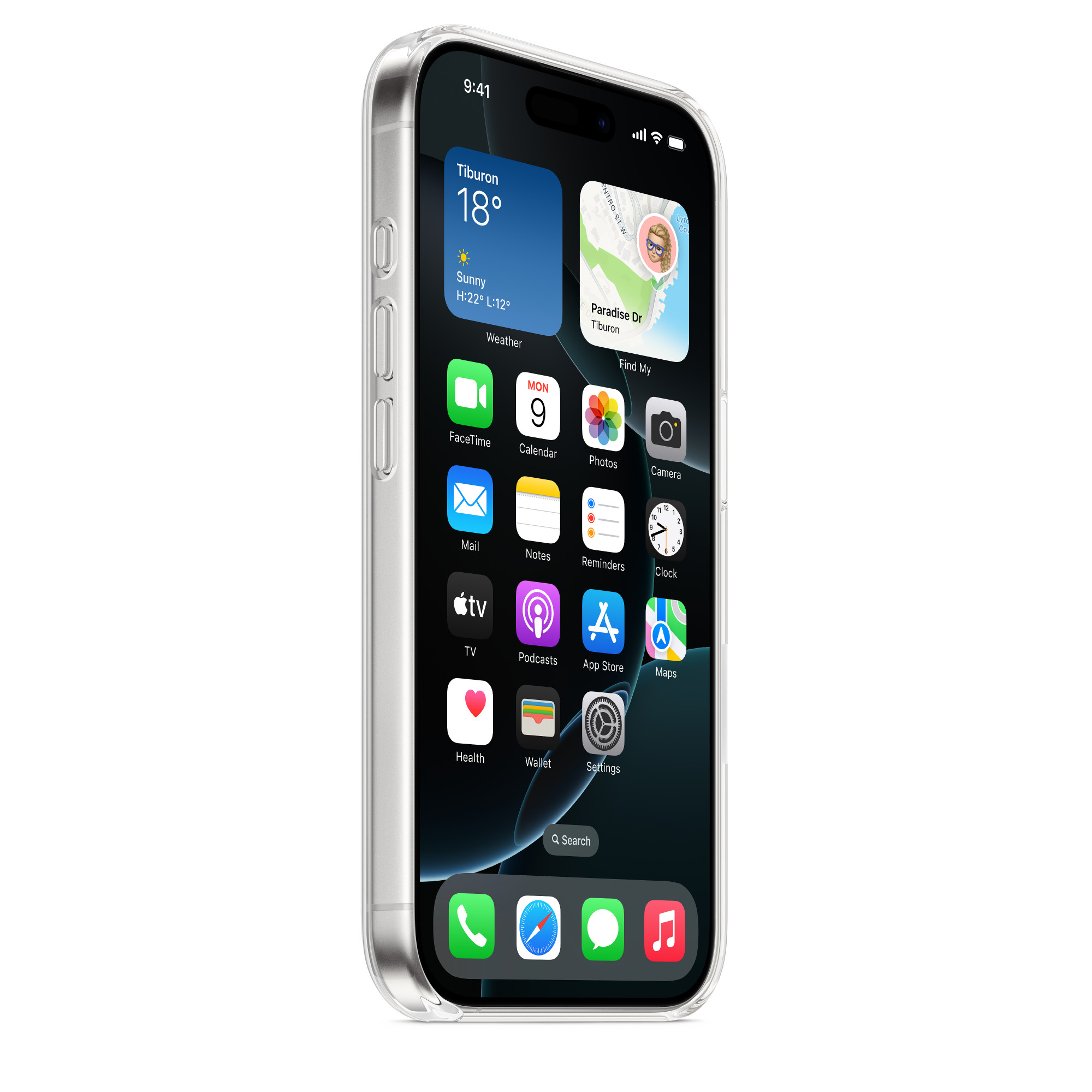 Şeffaf bir kılıf içinde beyaz bir yüzeyde iPhone. Ekran uygulamaları ve havayı gösteriyor.