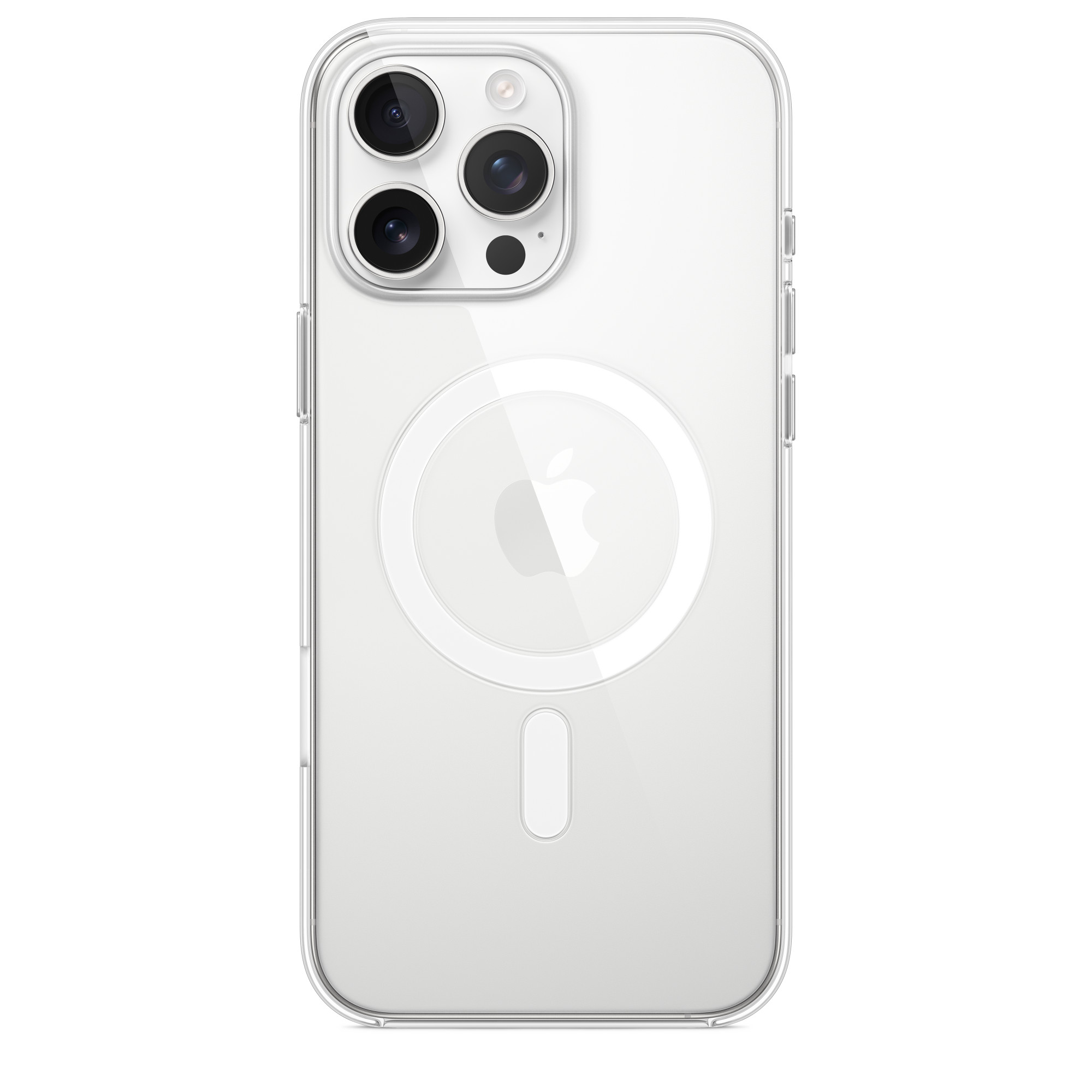İçinde telefon olan şeffaf telefon kılıfı, kamera ve Apple logosu.
