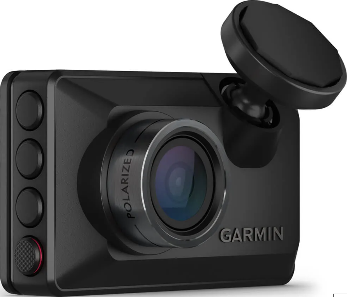 Caméra de tableau de bord Garmin noire avec lentille et boutons. Support noir.