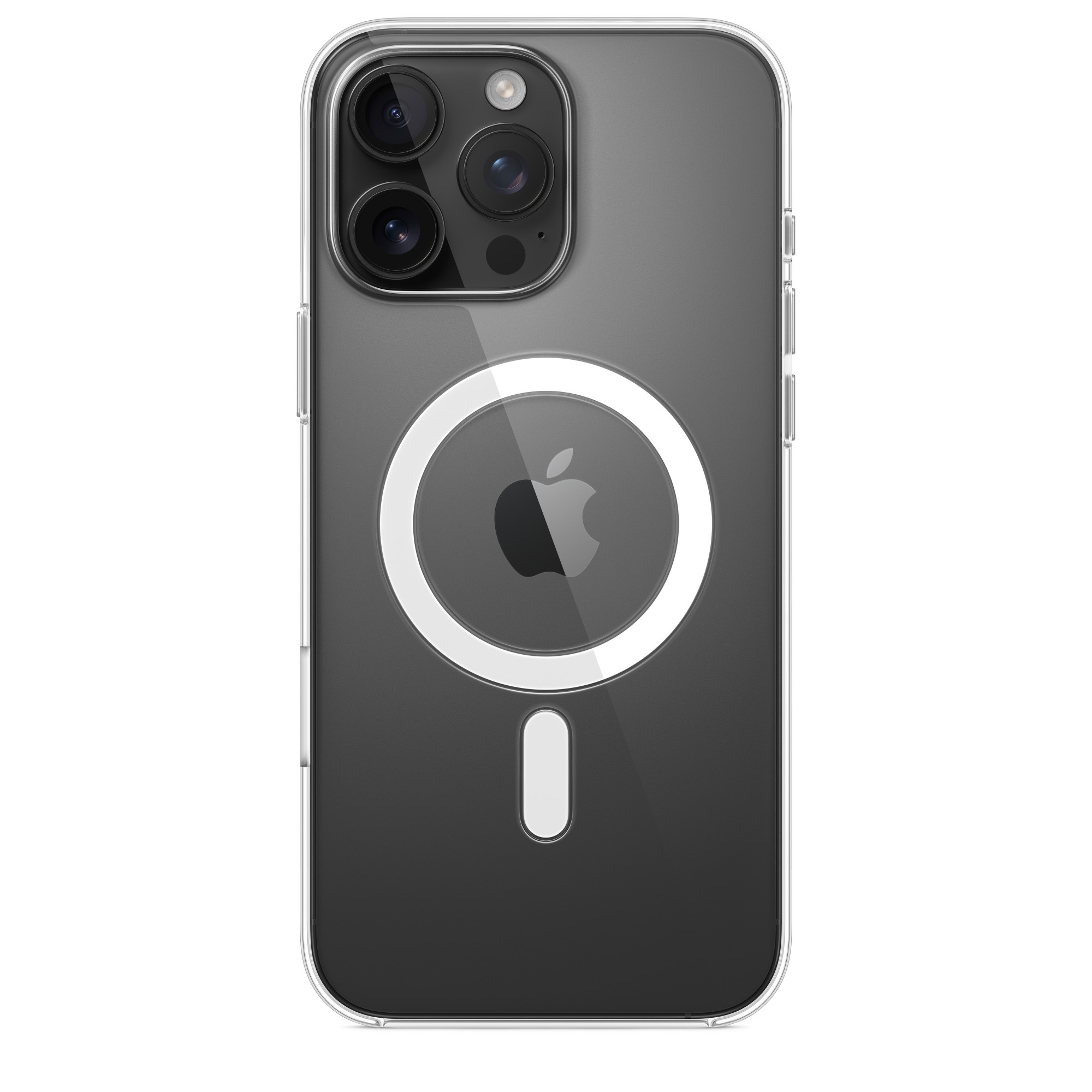 Siyah kamerası ve Apple logosu olan şeffaf bir telefon kılıfı.