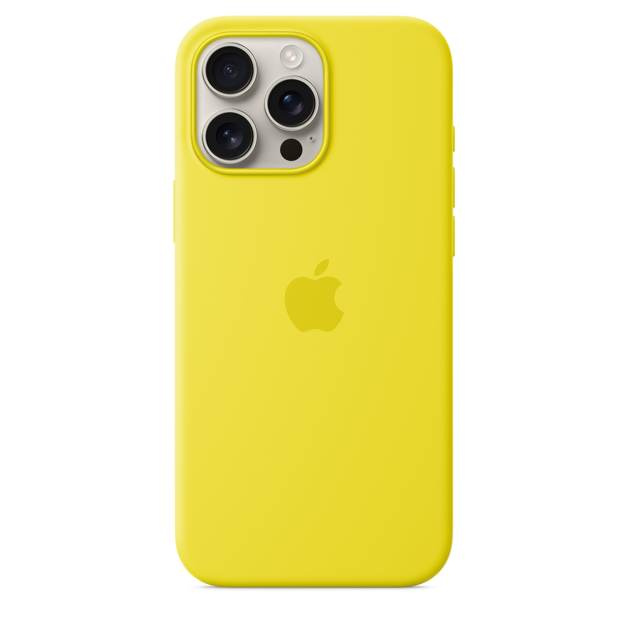 Apple logosu olan sarı bir iPhone kılıfı, arkadan görünüm.