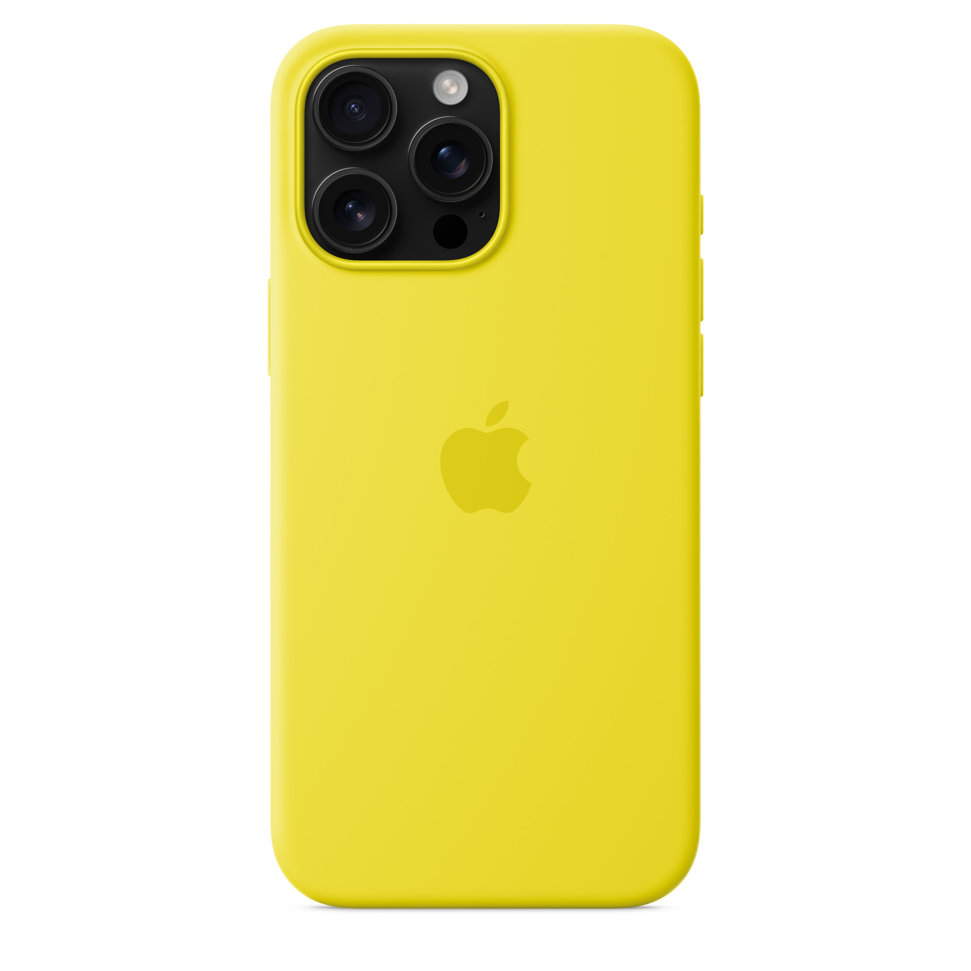 Sarı iPhone kılıfı, üç kamera merceği ve Apple logosu.