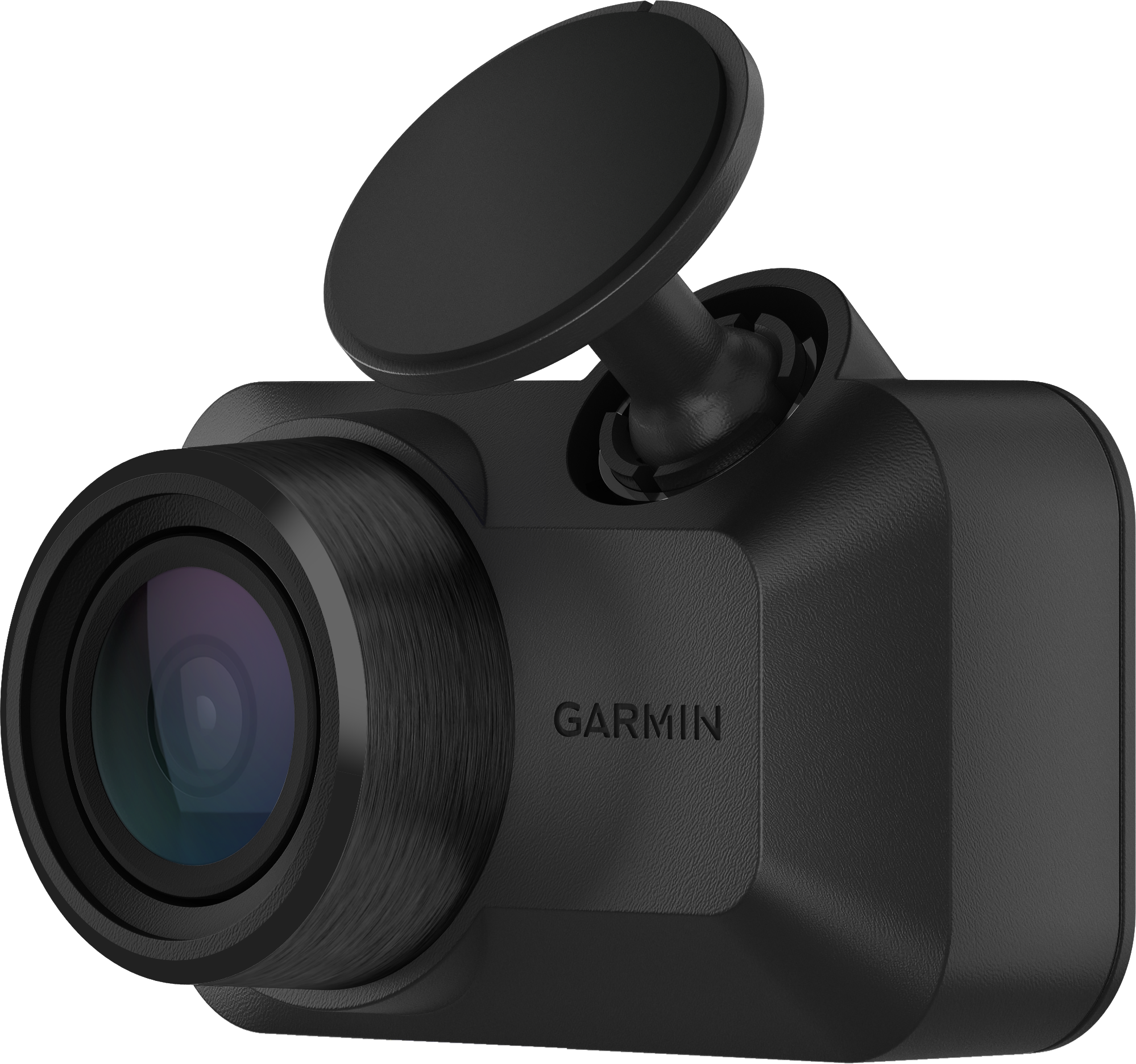Caméra de tableau de bord Garmin noire. Elle possède un objectif, un support et le logo Garmin sur le côté.