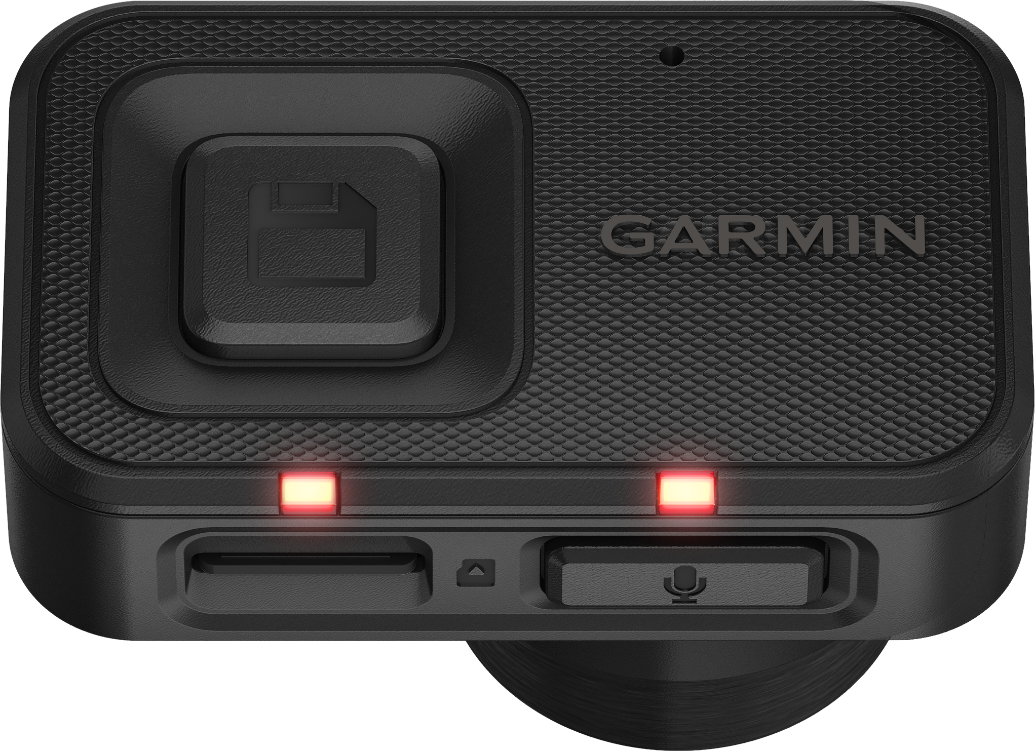 Caméra d'action noire, boutons, deux lumières rouges et un microphone.