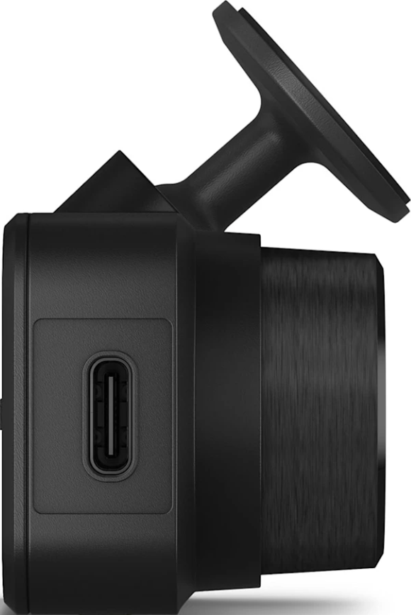 Vue latérale d'une caméra de bord noire avec port USB et élément de montage.