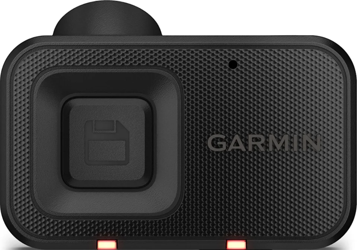 Caméra d'action Garmin noire avec un gros bouton et deux lumières rouges.
