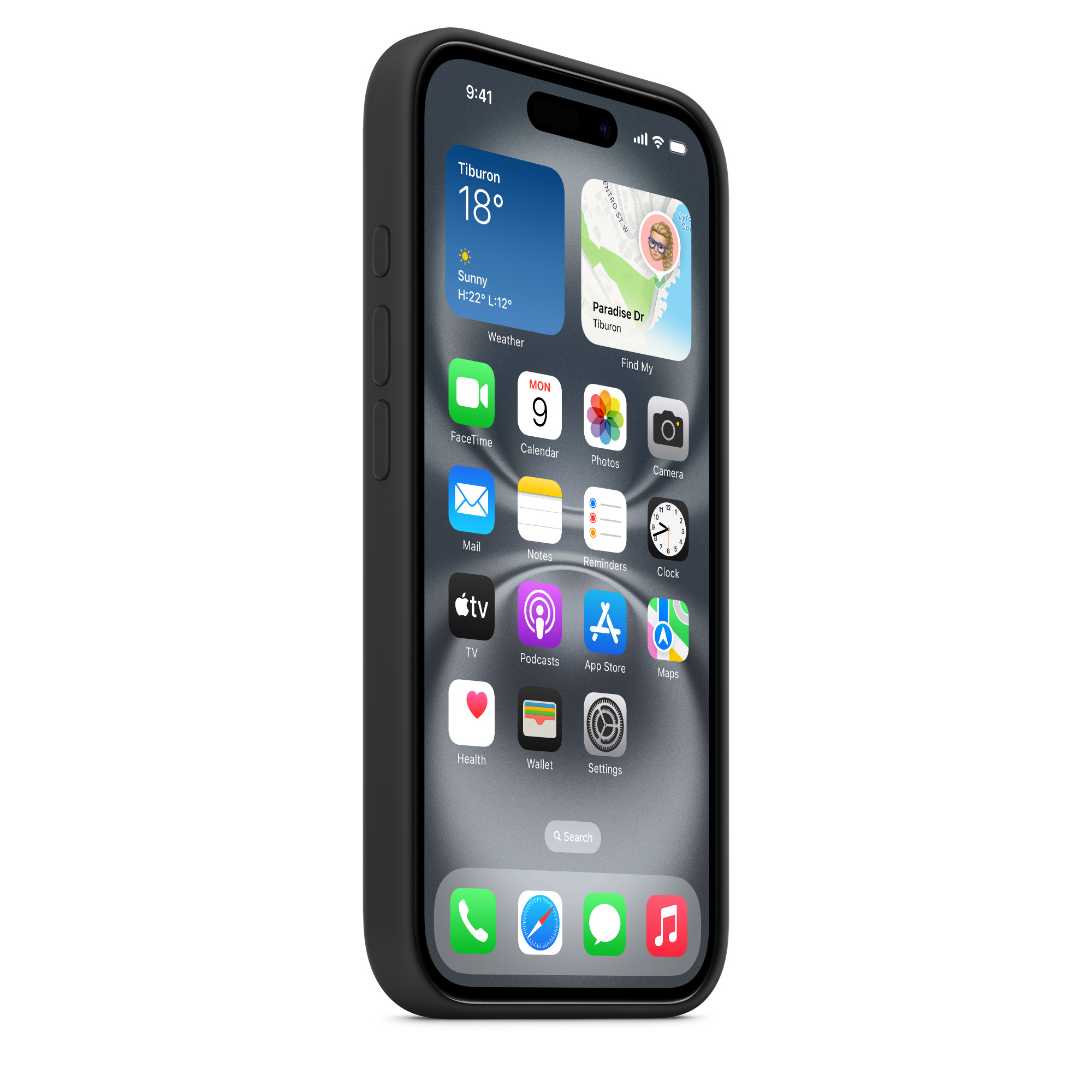 Siyah kılıflı iPhone. Hava durumu uygulaması 18°C, güneşli gösteriyor. Beyaz zemin.