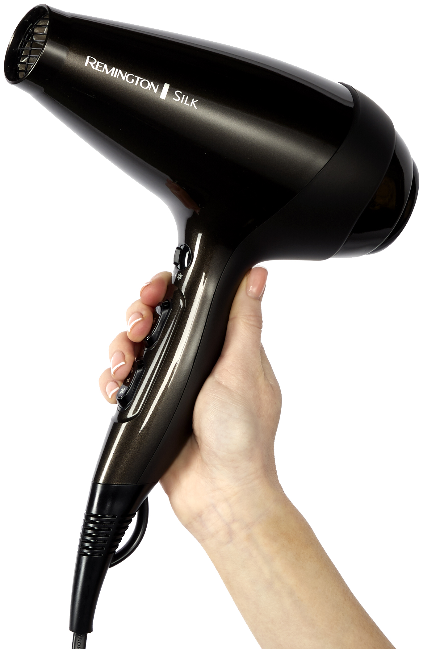 Egy személy keze egy fekete Remington Silk hajszárítót tart.