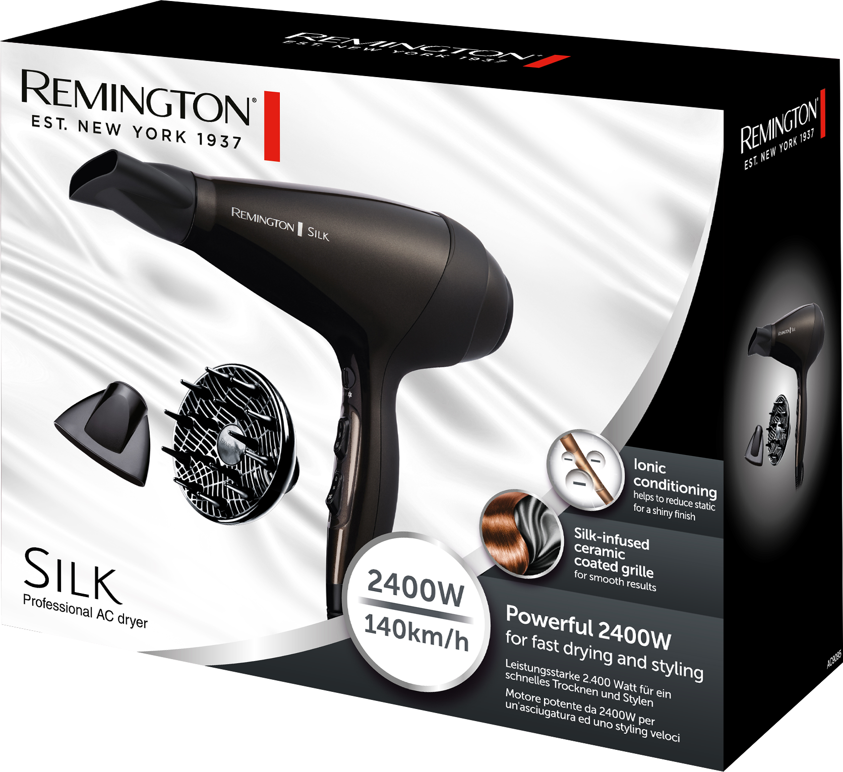 Remington hajszárító doboz, fekete hajszárító tartozékokkal, ionos kondicionálással és teljesítménnyel kapcsolatos szöveggel.