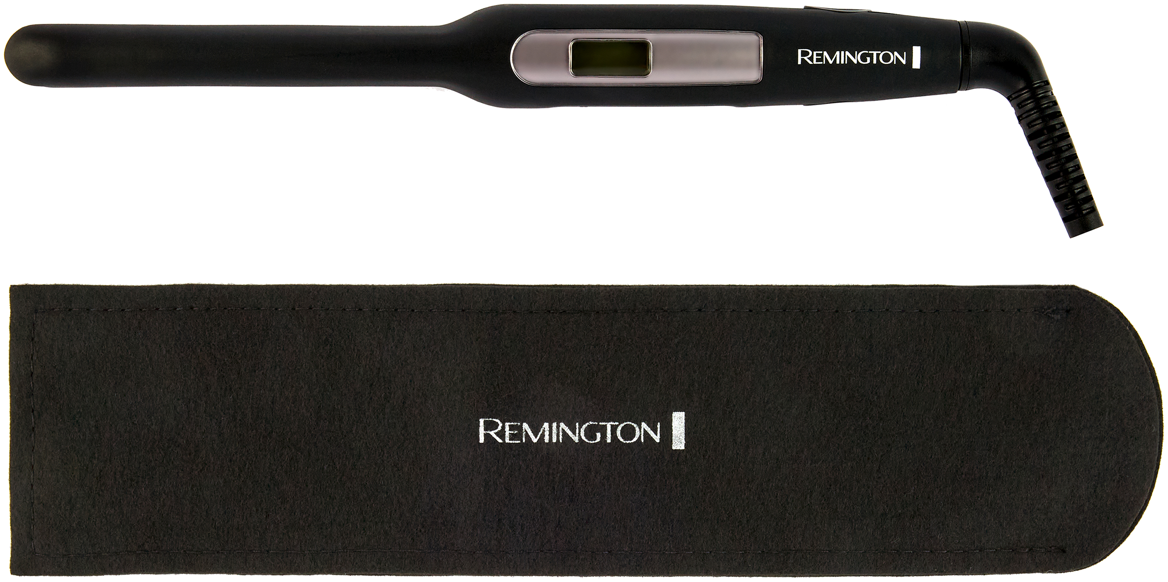 Fekete Remington hajvasaló és fekete tárolótok fehér logóval.