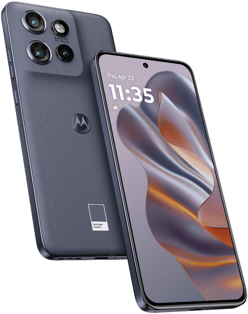 Motorola okostelefon, sötétszürke hátlap, két kamera, időt mutató kijelzővel.
