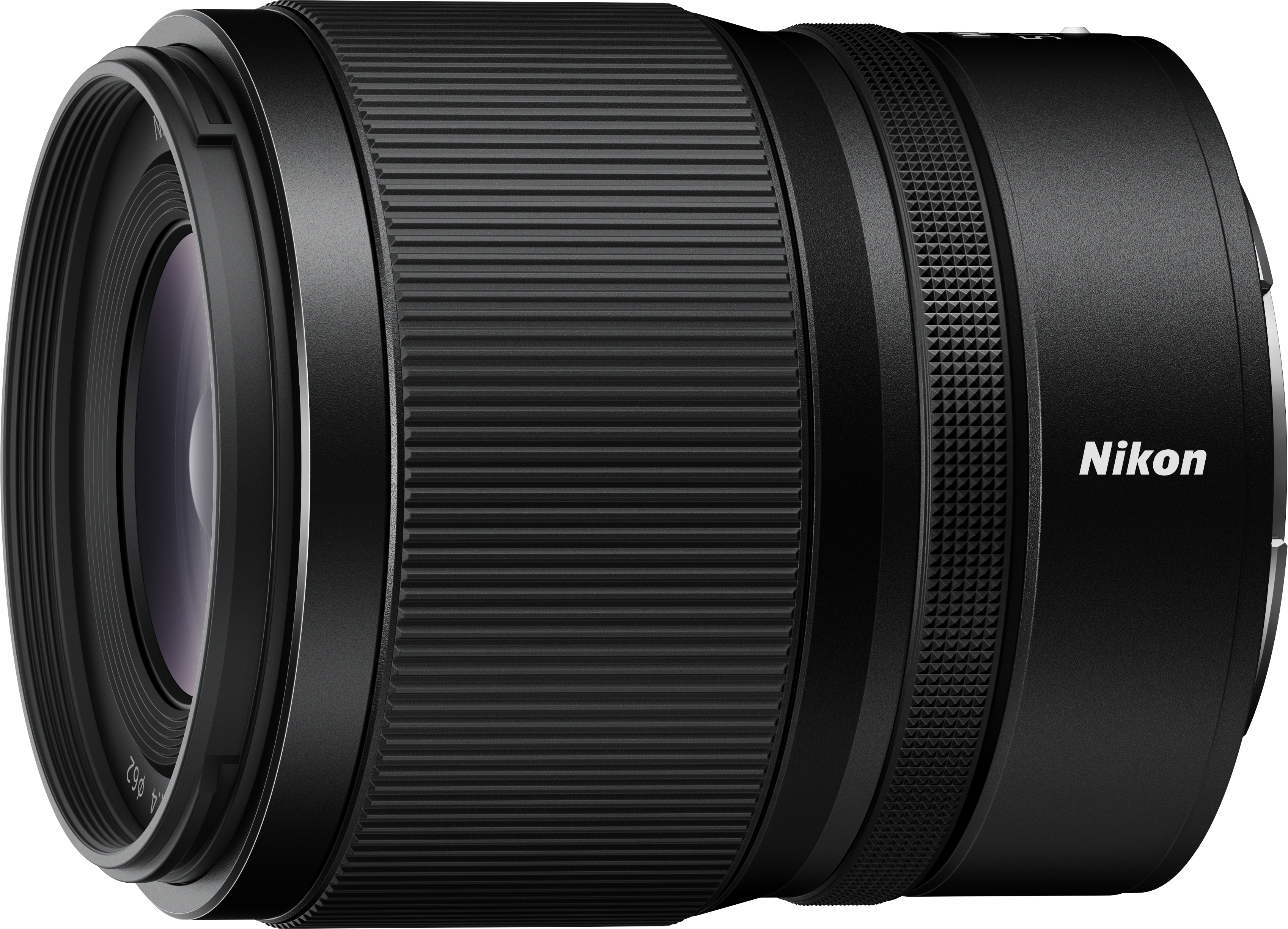 Objectif Nikon noir. Forme cylindrique avec des sections striées et une lentille à l'extrémité.