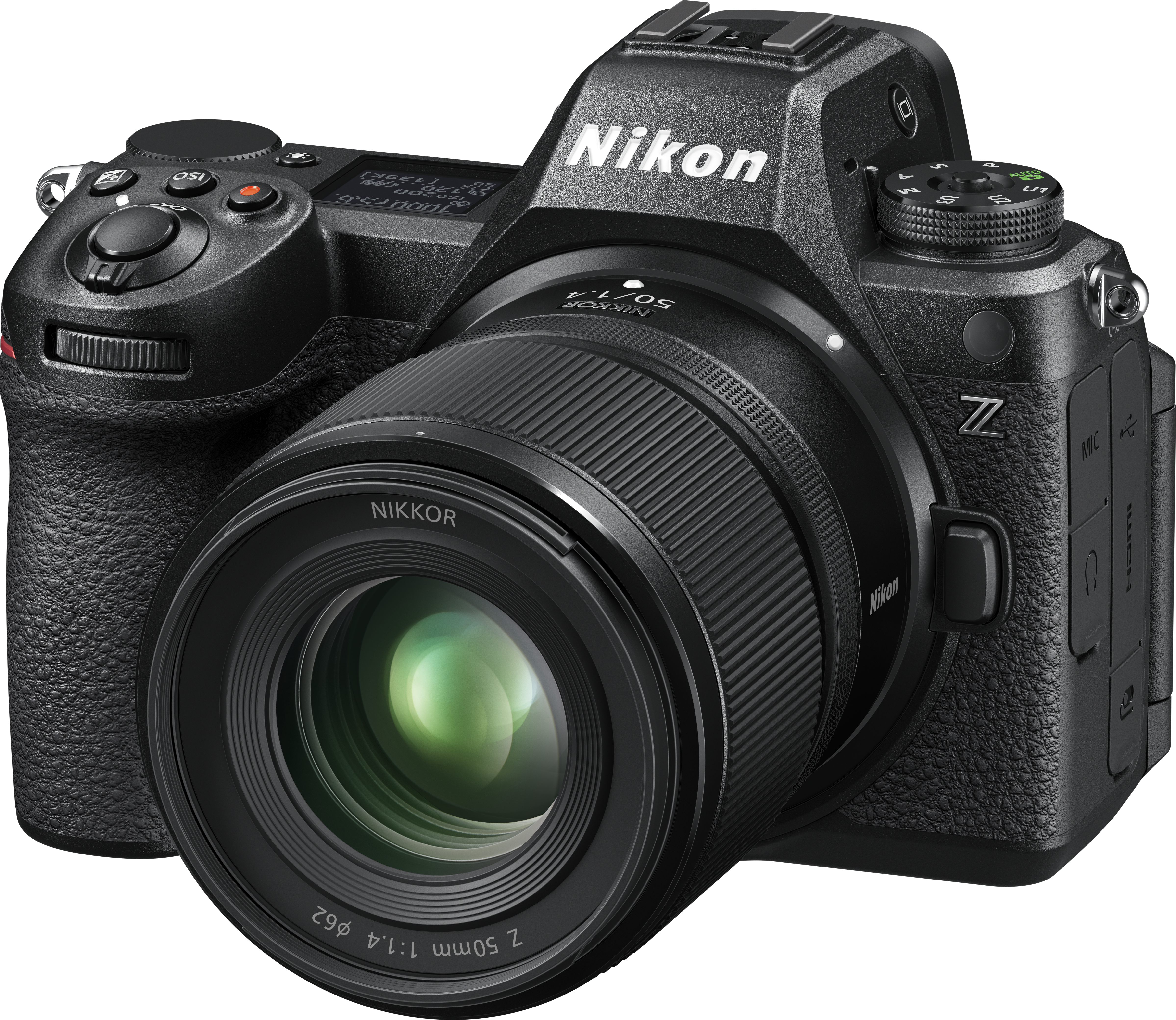 Appareil photo noir Nikon série Z avec objectif. L'objectif a un reflet vert. L'appareil photo porte le logo Nikon.