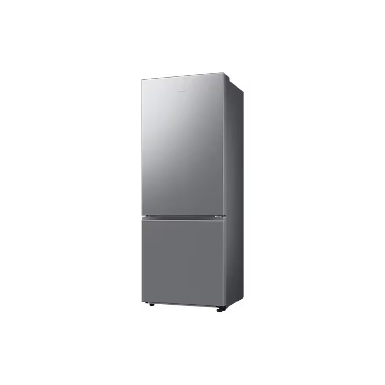 A tall, silver refrigerator with two doors. White background.