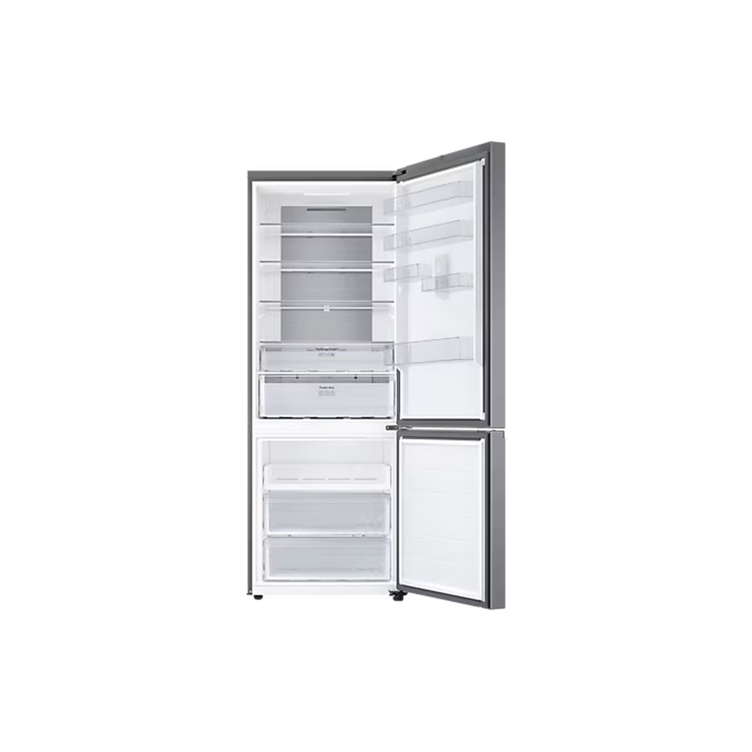 Open refrigerator with shelves and drawers. The door is open.