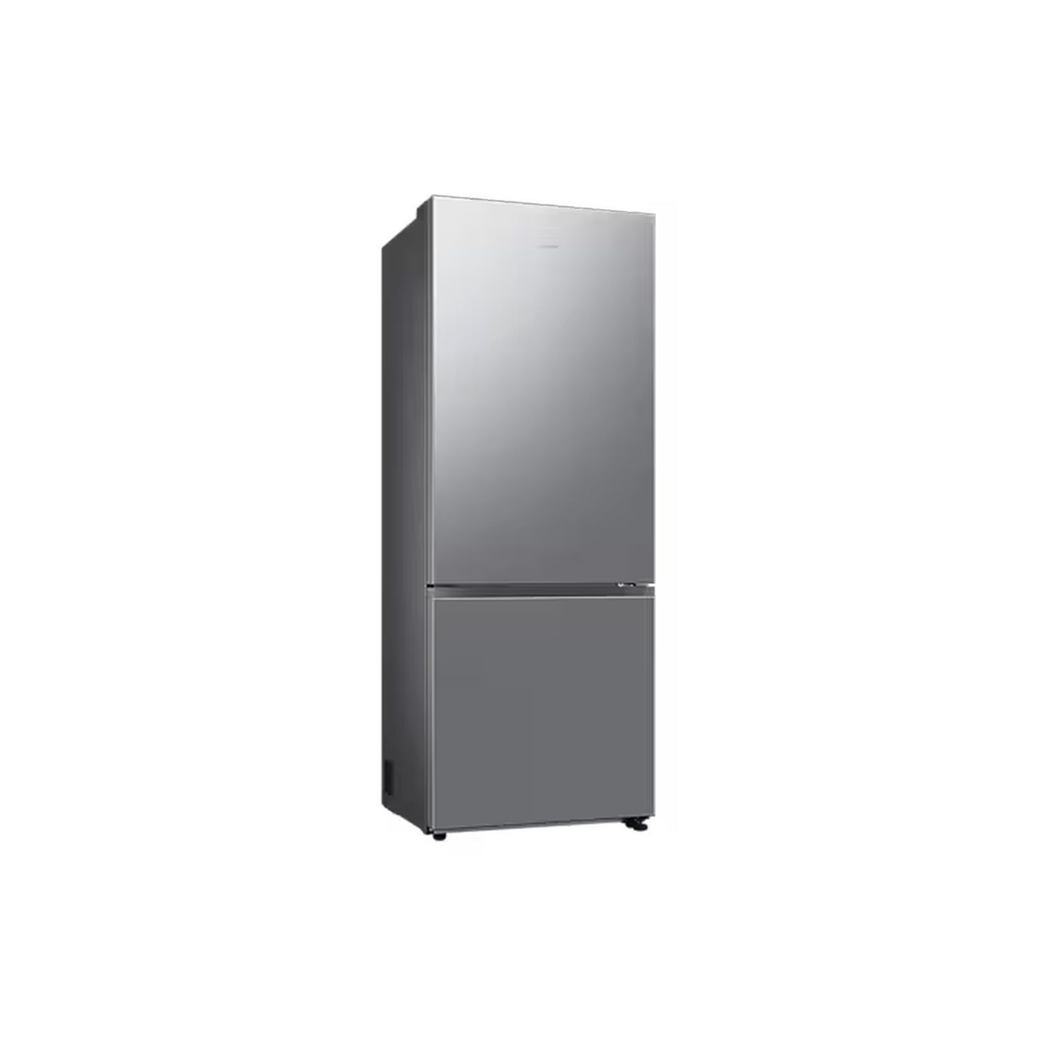 A silver, two-door refrigerator on a white background. It has a bottom freezer.