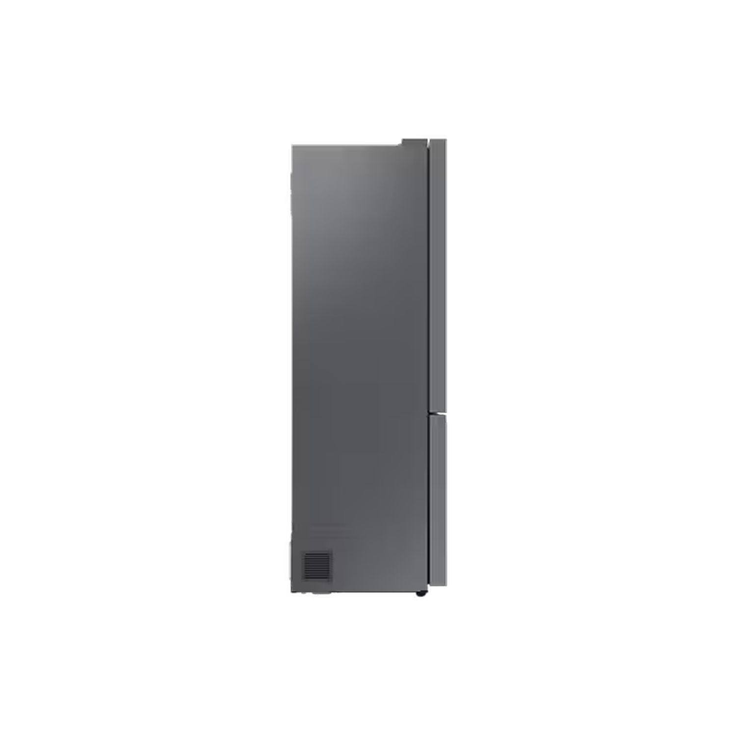 Side view of a grey refrigerator. White background. Sleek, modern design.